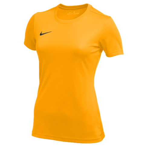 A bright yellow short-sleeved Nike athletic t-shirt for women, featuring a black swoosh logo on the right chest.