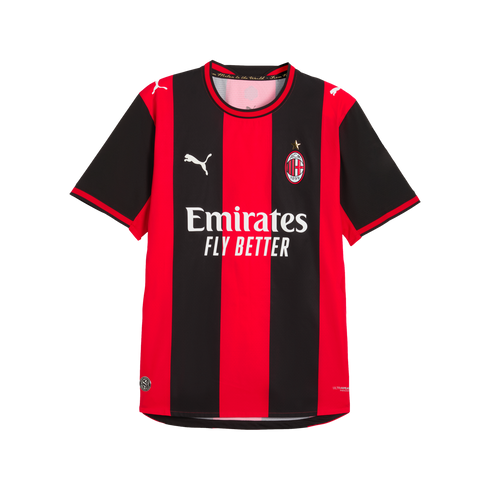 AC Milan home football jersey featuring red and black vertical stripes, with Puma and Emirates logos on the front.