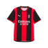 AC Milan home football jersey featuring red and black vertical stripes, with Puma and Emirates logos on the front.