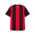 Back view of a red and black vertically striped soccer jersey with short sleeves and a small gold emblem below the collar, set against a plain white background.