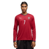 A man models a red long-sleeved Portugal soccer jersey with a white number 7, a Puma logo, and teal trim against a black background.