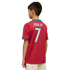 Back view of a boy wearing a red soccer jersey with "RONALDO 7" on the back and light-colored pants, set against a black background.