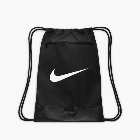 Black Nike drawstring bag featuring a large white swoosh logo and a zippered front pocket.