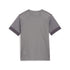 Back view of a grey short-sleeved athletic t-shirt with a breathable mesh back panel and dark grey mesh accents on the sleeve cuffs.