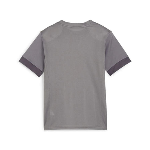 Back view of a grey short-sleeved athletic t-shirt with a breathable mesh back panel and dark grey mesh accents on the sleeve cuffs.