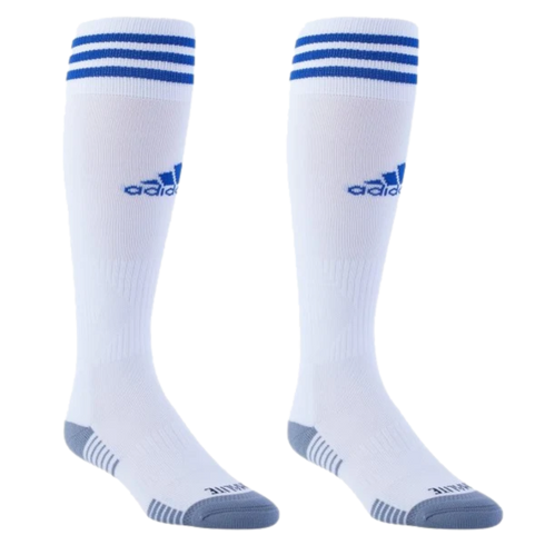 White knee-high Adidas athletic socks with blue stripes at the cuff, blue logos on the shins, and grey-reinforced heels and toes.