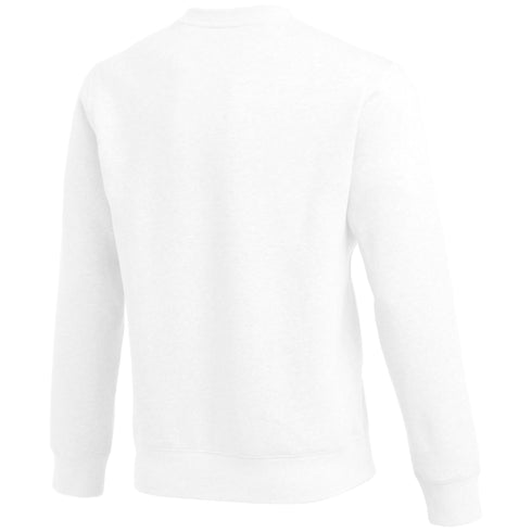 Rear view of a plain white crew neck sweatshirt with ribbed cuffs and hem.