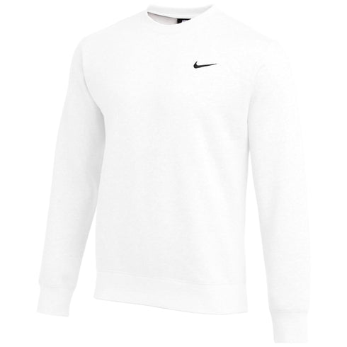 White long-sleeved crewneck Nike sweatshirt featuring a small black swoosh logo on the chest.