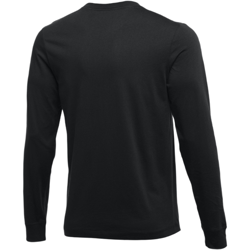 Back view of a black long-sleeved crew neck t-shirt with ribbed cuffs.