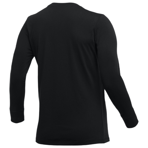 Back view of a plain black long-sleeved shirt with ribbed cuffs and a crew neckline against a white background.