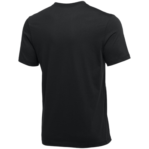 Rear view of a solid black short-sleeved crew neck t-shirt.