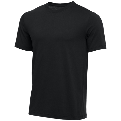 A plain black, short-sleeved crew neck t-shirt shown on an invisible mannequin against a white background.