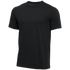 A plain black, short-sleeved crew neck t-shirt shown on an invisible mannequin against a white background.