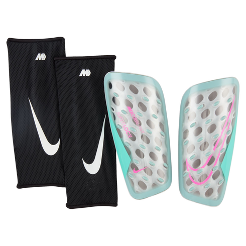 Nike Mercurial Flylite Superlock shin guards with translucent teal shells and pink logos, shown with black mesh compression sleeves featuring white Nike swooshes.
