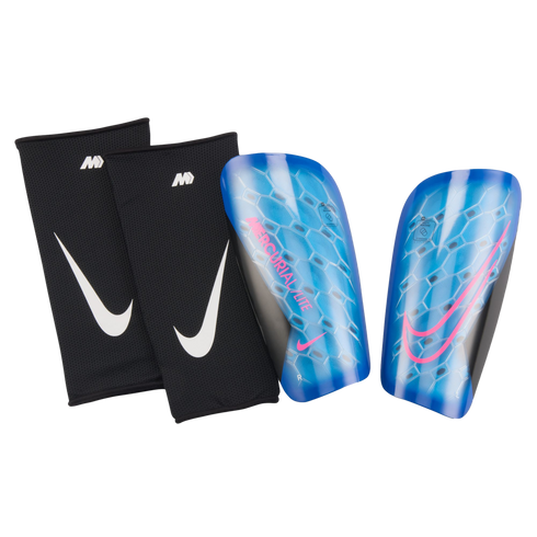 Blue Nike Mercurial Lite shin guards with pink accents and black sleeves, featuring white Nike swooshes, on a black background.
