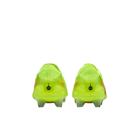 Back view of a pair of bright neon yellow soccer cleats with orange accents, isolated on a black background.