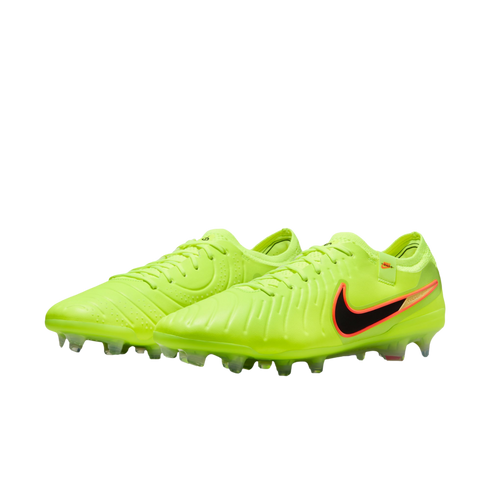 Neon yellow Nike Tiempo soccer cleats with a black and orange Swoosh logo on a solid black background.