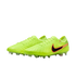 Neon yellow Nike Tiempo soccer cleats with a black and orange Swoosh logo on a solid black background.