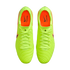 Aerial view of a pair of bright lime green Nike Tiempo soccer cleats with orange interiors, centered against a solid black background.