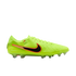 Profile view of a lime green Nike Tiempo soccer cleat with a black swoosh and orange accents, against a black background.