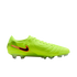 Side view of a lime green Nike soccer cleat with a black and orange swoosh and clear studs, set against a black background.