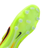 Neon yellow sole of a Nike soccer cleat with translucent studs and a small black swoosh.