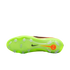 The sole of a neon green Nike soccer cleat with clear studs and a black swoosh, shown against a solid black background.