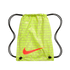 Neon lime green Nike drawstring bag with a repeating multi-language "Nike Soccer" text pattern and a large orange swoosh. Black cords form the shoulder straps.