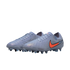 Grey iridescent Nike soccer cleats with a bright orange swoosh on a black background.