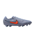 A light blue Nike Tiempo soccer cleat with a vibrant orange swoosh logo, shown in a profile view against a solid black background.