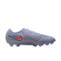 Side profile of an iridescent light blue Nike soccer cleat with a bright orange swoosh logo on a solid black background.