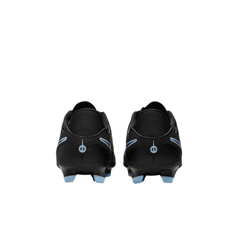 Rear view of two black soccer cleats with light blue logos and studs against a black background.