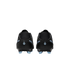 Rear view of two black soccer cleats with light blue logos and studs against a black background.