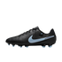 A black Nike Tiempo soccer cleat with a light blue swoosh and blue-tipped studs, set against a black background.