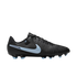 Profile view of a black Nike Tiempo soccer cleat with a light blue swoosh and stud tips, set against a black background.