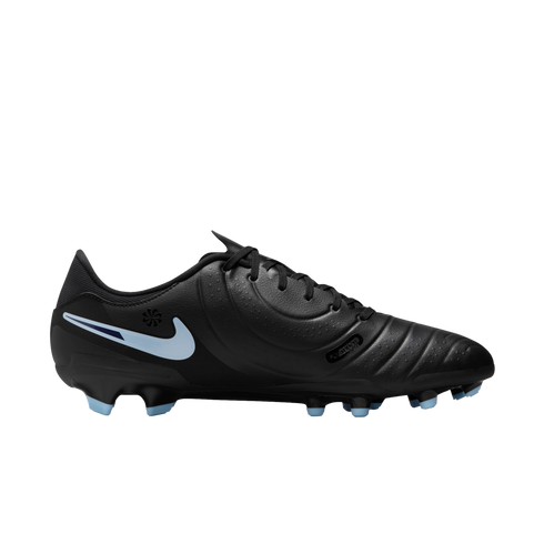 Side view of a black Nike soccer cleat featuring a light blue swoosh and light blue tipped studs, set against a solid black background.