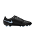 Side view of a black Nike soccer cleat featuring a light blue swoosh and light blue tipped studs, set against a solid black background.