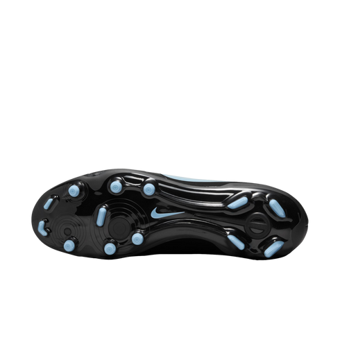 The bottom view of a black, glossy Nike soccer cleat with light blue studs and a matching Nike swoosh logo in the center, set against a black background.