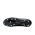 The bottom view of a black, glossy Nike soccer cleat with light blue studs and a matching Nike swoosh logo in the center, set against a black background.