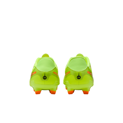 Rear view of a pair of lime green soccer cleats with orange studs and accents, against a black background.