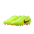 Neon yellow Nike Tiempo soccer cleats with a black swoosh and orange studs, against a black background.