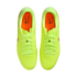 Top-down view of neon yellow Nike Tiempo soccer cleats with orange insoles and matching laces against a black background.