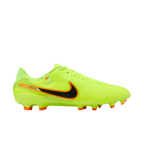 Neon yellow Nike Tiempo soccer cleat shown from the side against a black background. It features a black swoosh outlined in orange and matching orange-tipped studs.