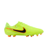 Neon yellow Nike Tiempo soccer cleat shown from the side against a black background. It features a black swoosh outlined in orange and matching orange-tipped studs.