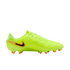 Profile view of a neon yellow Nike soccer cleat featuring a black and orange swoosh and orange-tipped studs, set against a solid black background.