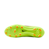 Bottom view of a lime green Nike soccer cleat with orange studs and a black swoosh logo against a black background.