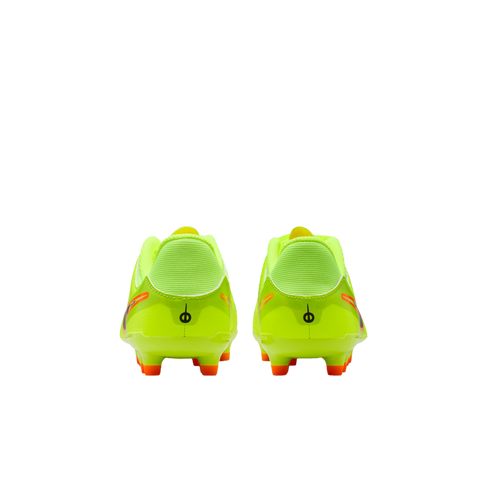 Rear view of neon yellow soccer cleats with orange studs on a black background.