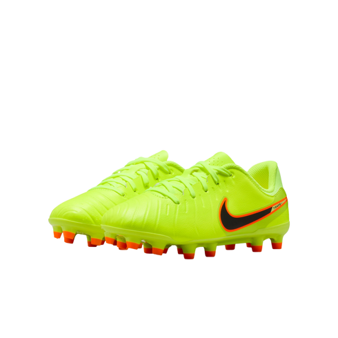 A pair of neon yellow Nike Tiempo soccer cleats with black swooshes and orange studs, displayed against a solid black background.