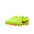 A pair of neon yellow Nike Tiempo soccer cleats with black swooshes and orange studs, displayed against a solid black background.