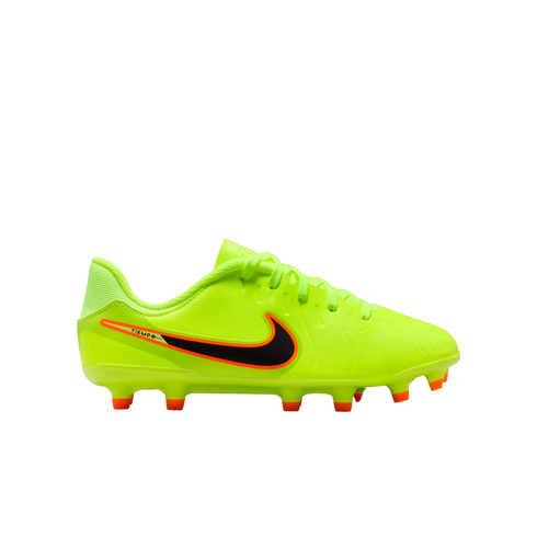 A neon yellow Nike Tiempo soccer cleat with a black and orange swoosh and orange studs, shown against a solid black background.